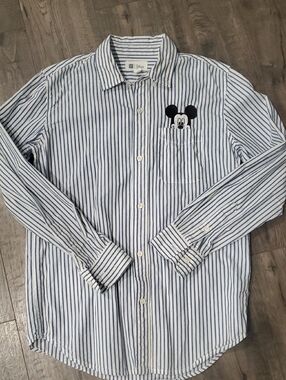 Disney Blue and White Striped Button-Down Shirt with Mickey Pocket